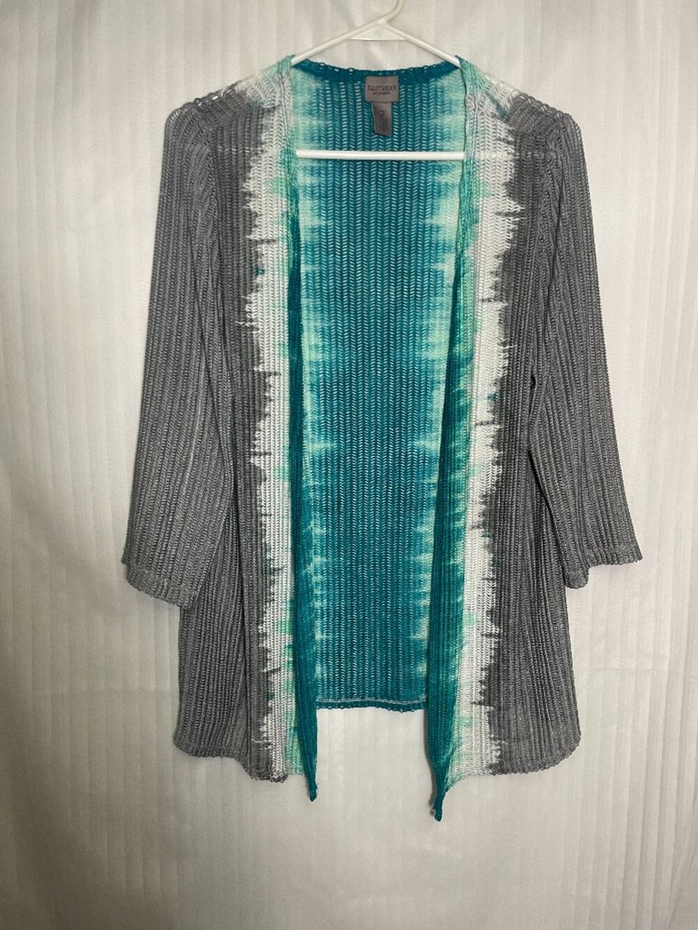 Chico’s Easywear Size 2 Teal Gray White Open Knit Cardigan Open Front Sweater